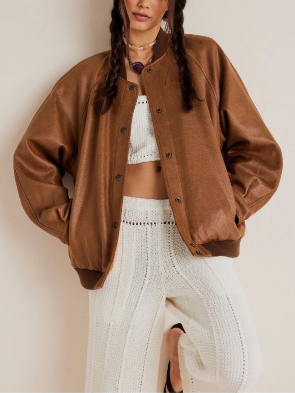 NWT FREE PEOPLE We The Free Wild Rose Vegan Suede Bomber Jacket Chestnut…